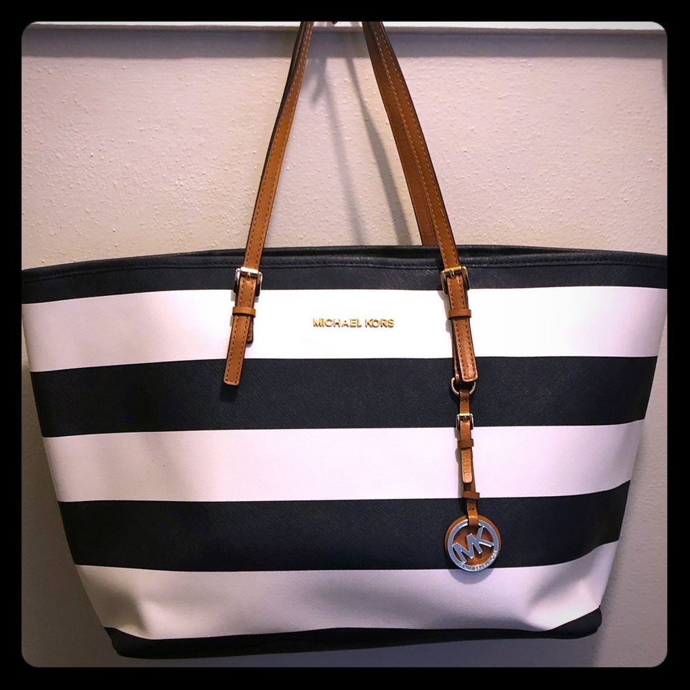 Micheal Kors navy and white stripe tote